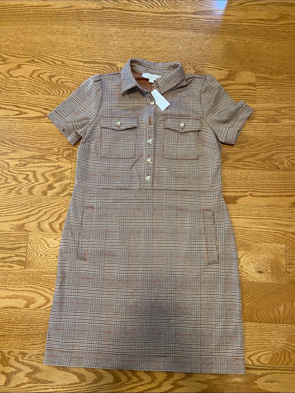 Ann Taylor Loft brown plaid shirt dress.